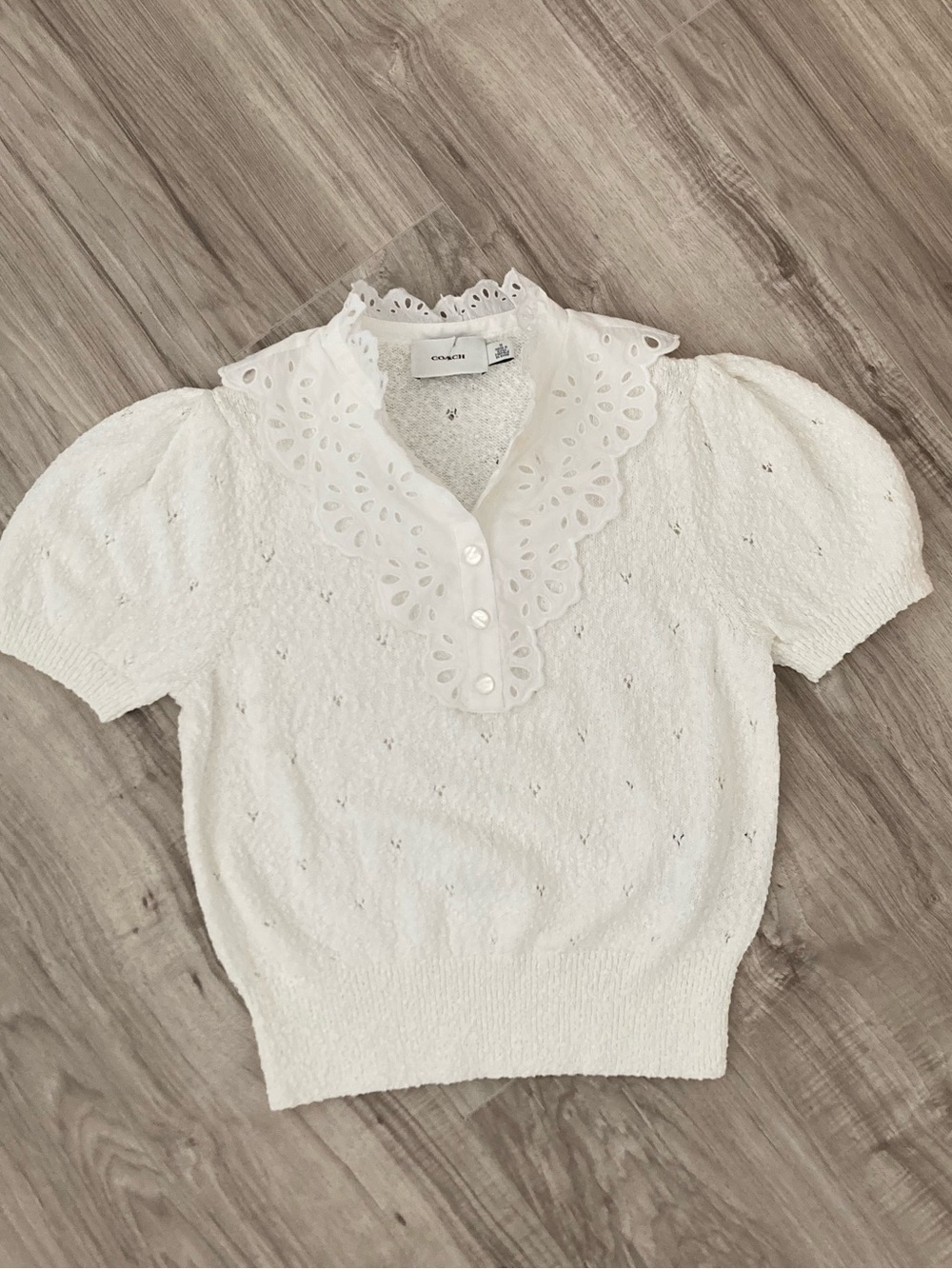 Coach BRODERIE ANGLAISE PUFF SLEEVE TOP White Eyelet Trim Knit sweater MEDIUM
